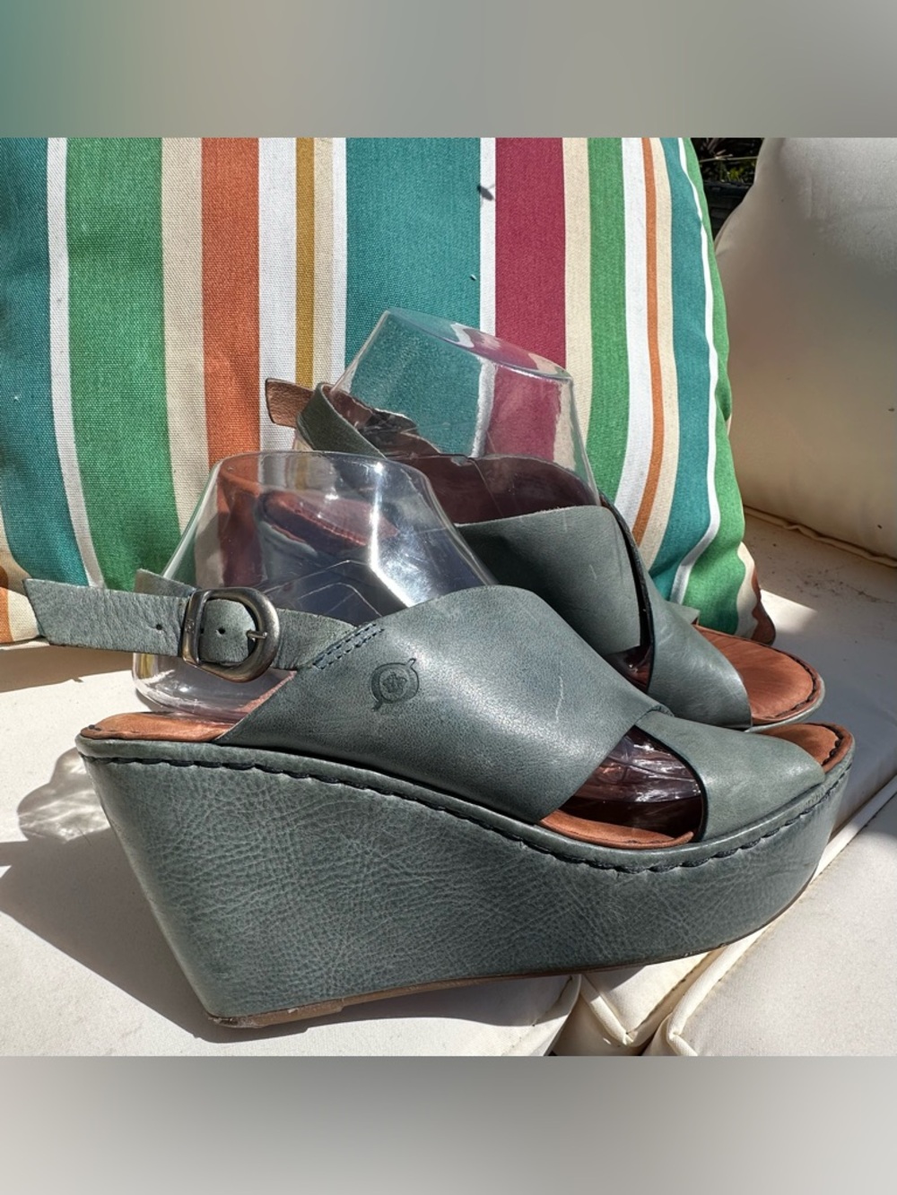 Born Gray-Green Leather Crisscross Wedge Sandals